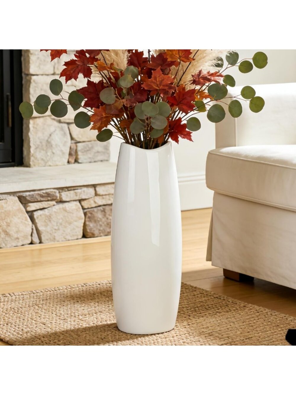 Elegant White Tall Ceramic Floor Vase - 15.7" Oval Home Decor Accent